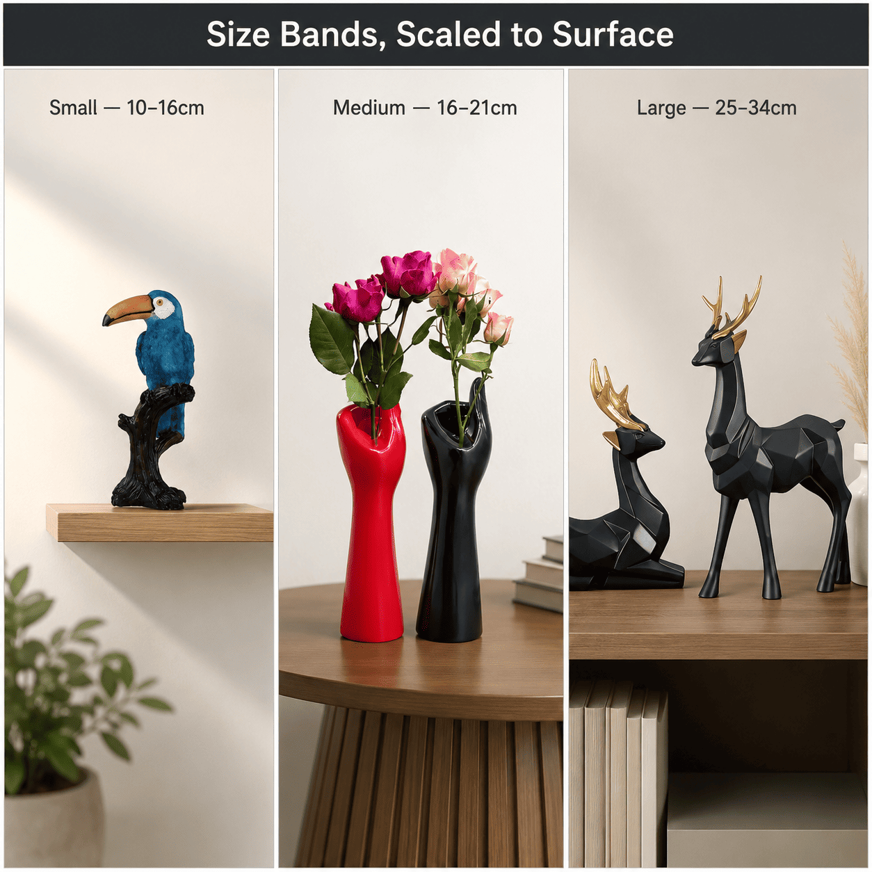comparison grid of small medium and large home decor showpieces scaled against furniture