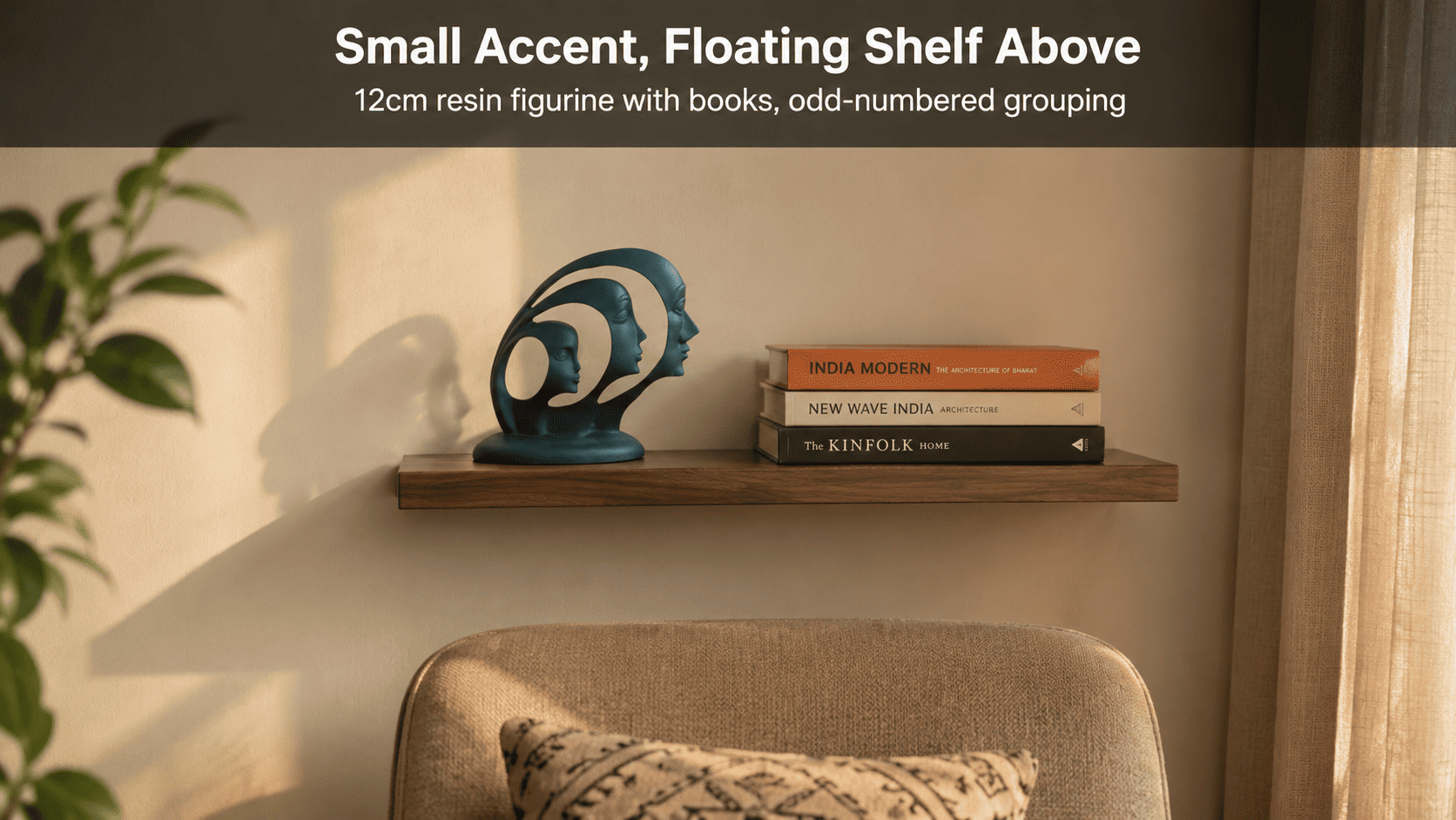 small resin figurine with books on floating shelf
