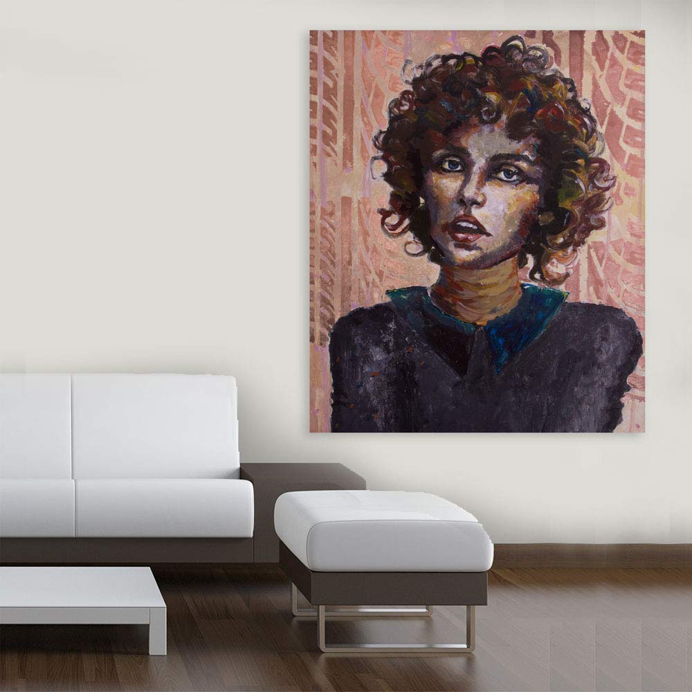 Curl Up & Shine: The Unframed Curly-Haired Woman Wall Art with vibrant bronze curls.