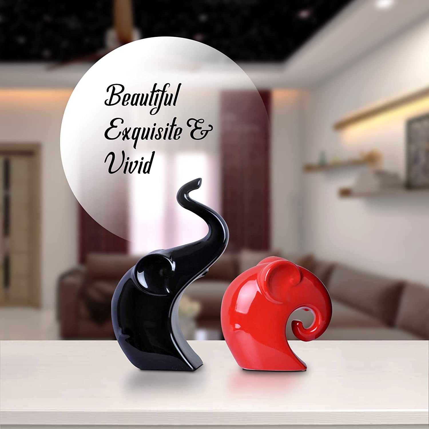 Modern red and black ceramic elephant sculptures side by side with a glossy finish for kitchen décor.
