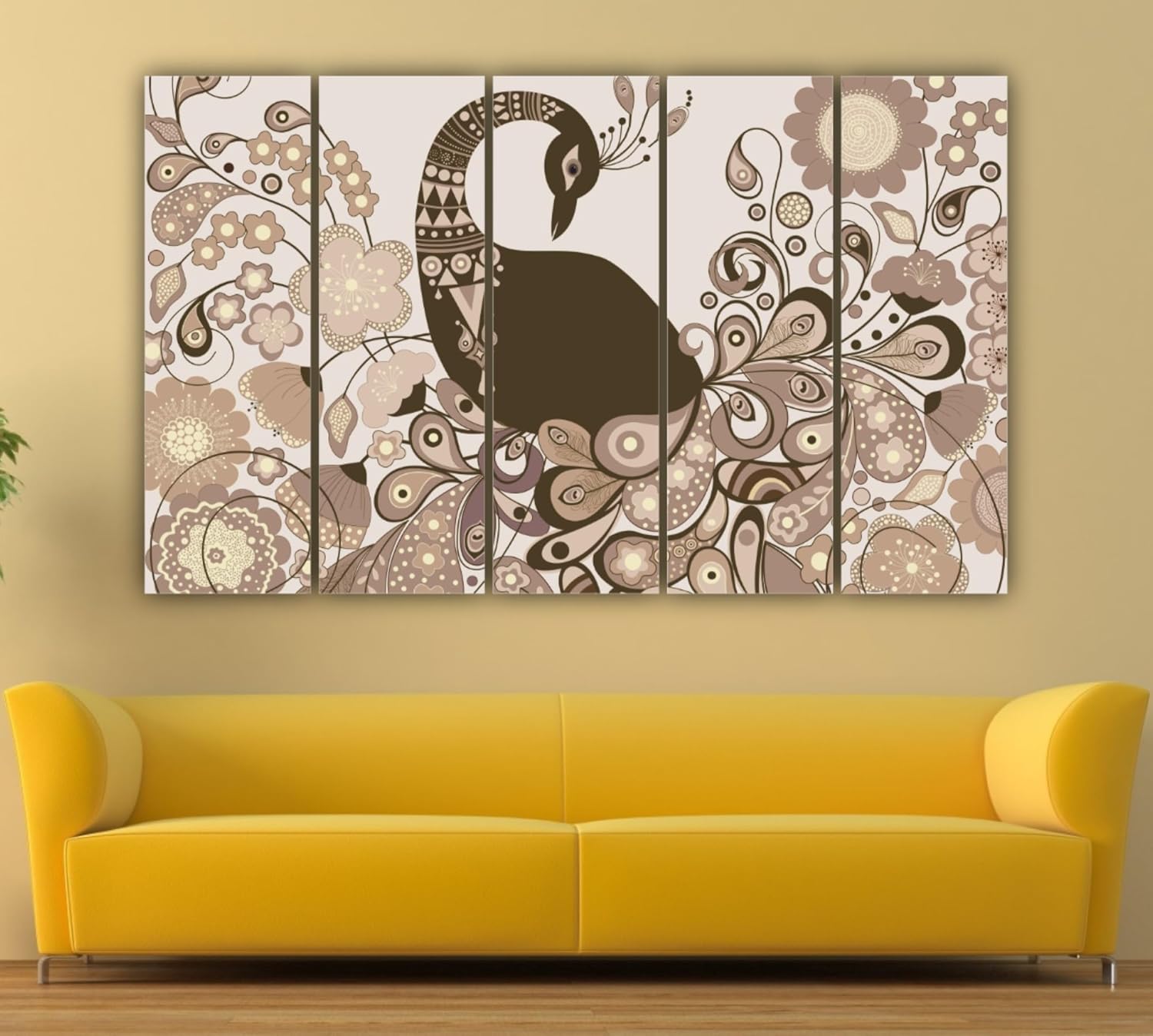 Close-up of one panel from the Peacock-perfection Vastu Framed Wall Art Set That'll Make Your Walls Strut Their Stuff showing detailed feathers