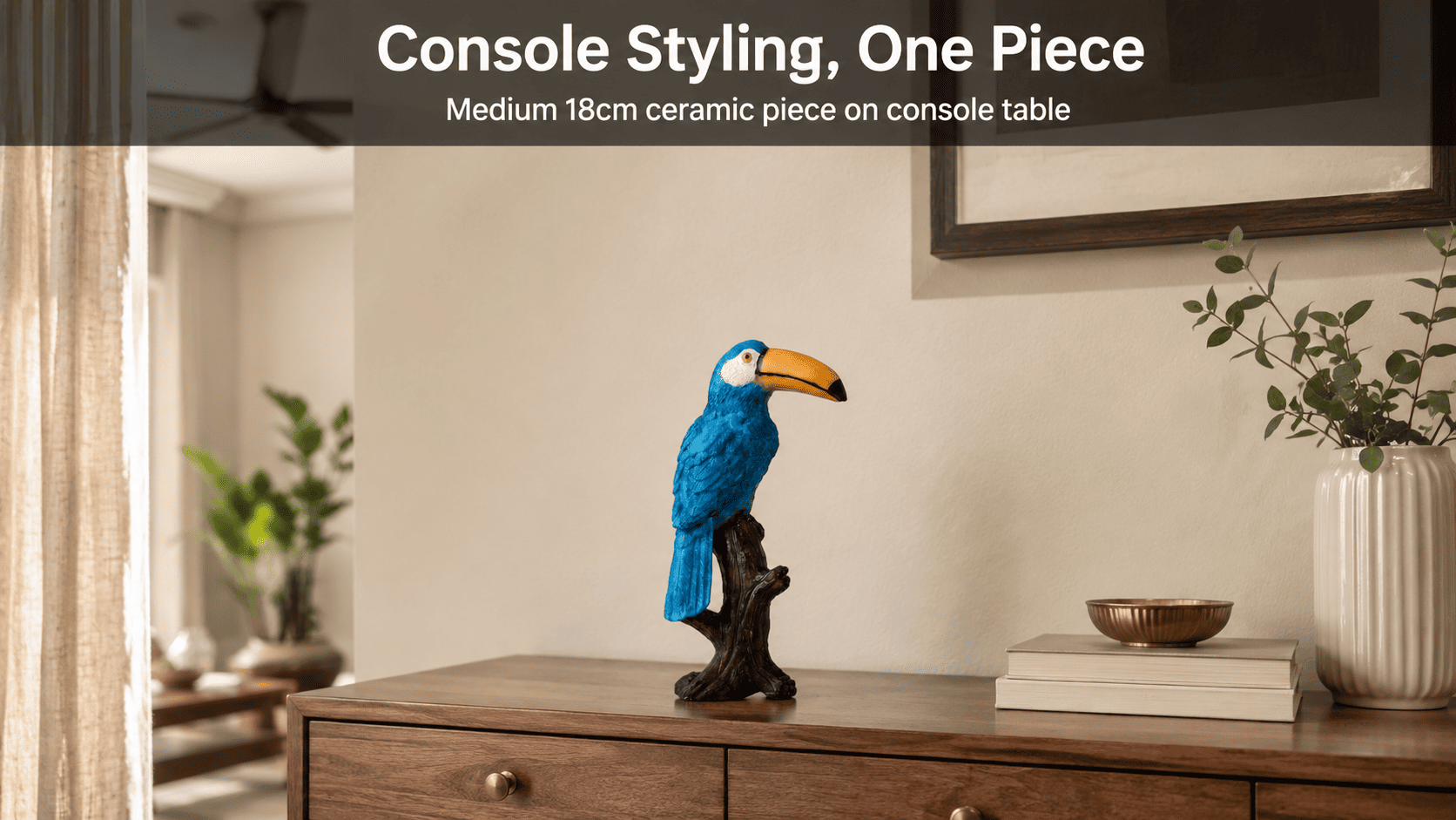 Ceramic showpiece styled on a console table in a living room corner