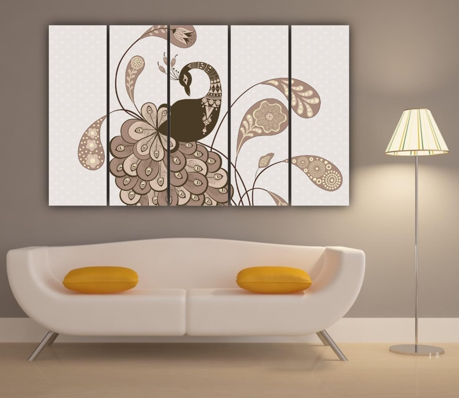 Close-up of the detailed feathers on the Peacock-tacular Vastu Framed Wall Art multi-frame painting