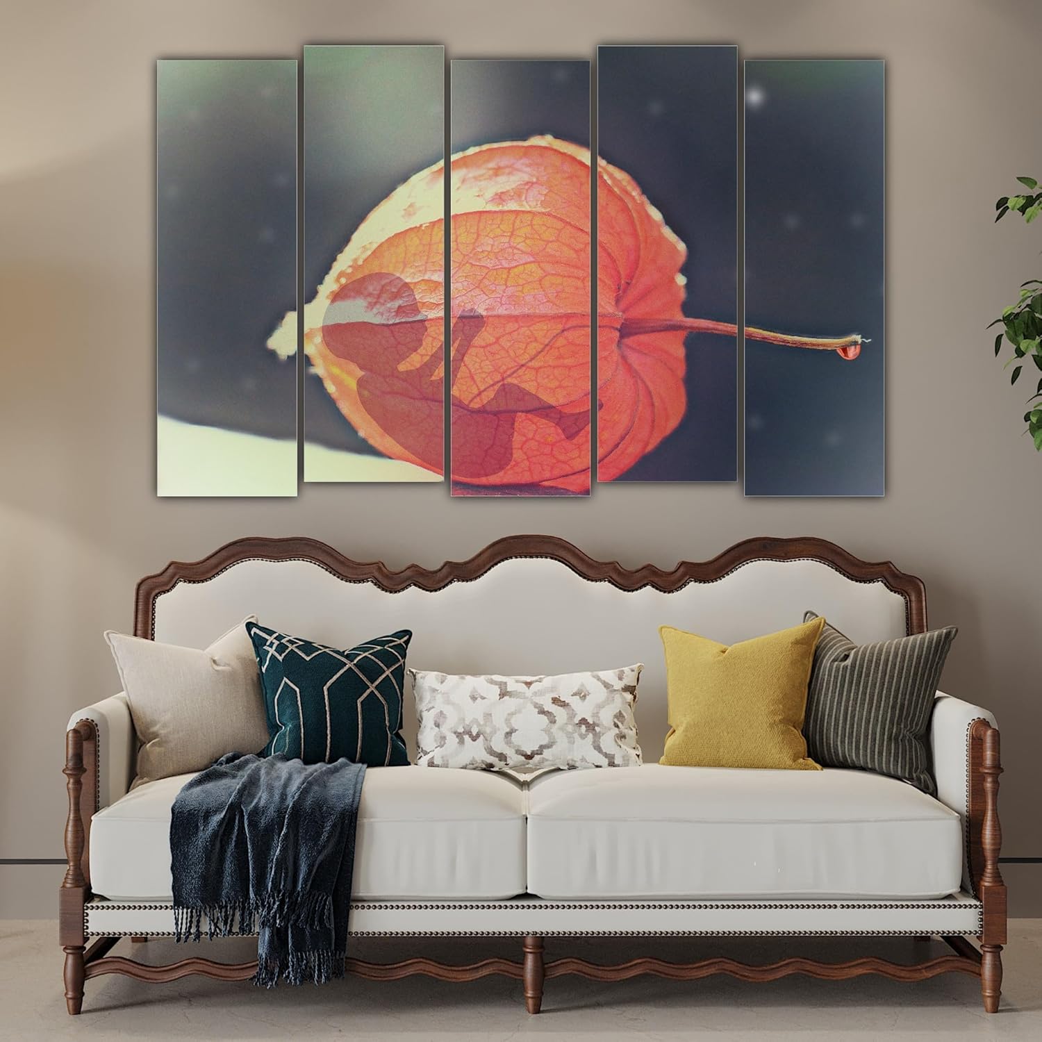Snowy Scene Photography Framed Wall Art displayed above a sofa in a cozy living room.
