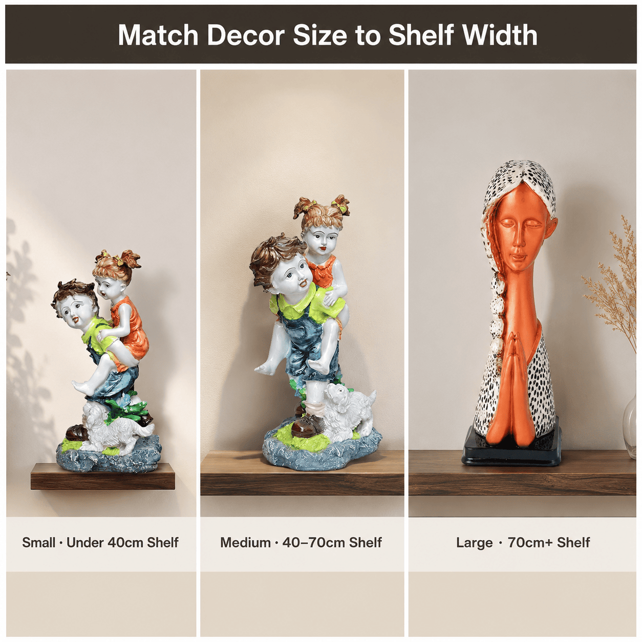 grid comparing three shelf widths matched to small, medium, and large decor sizing