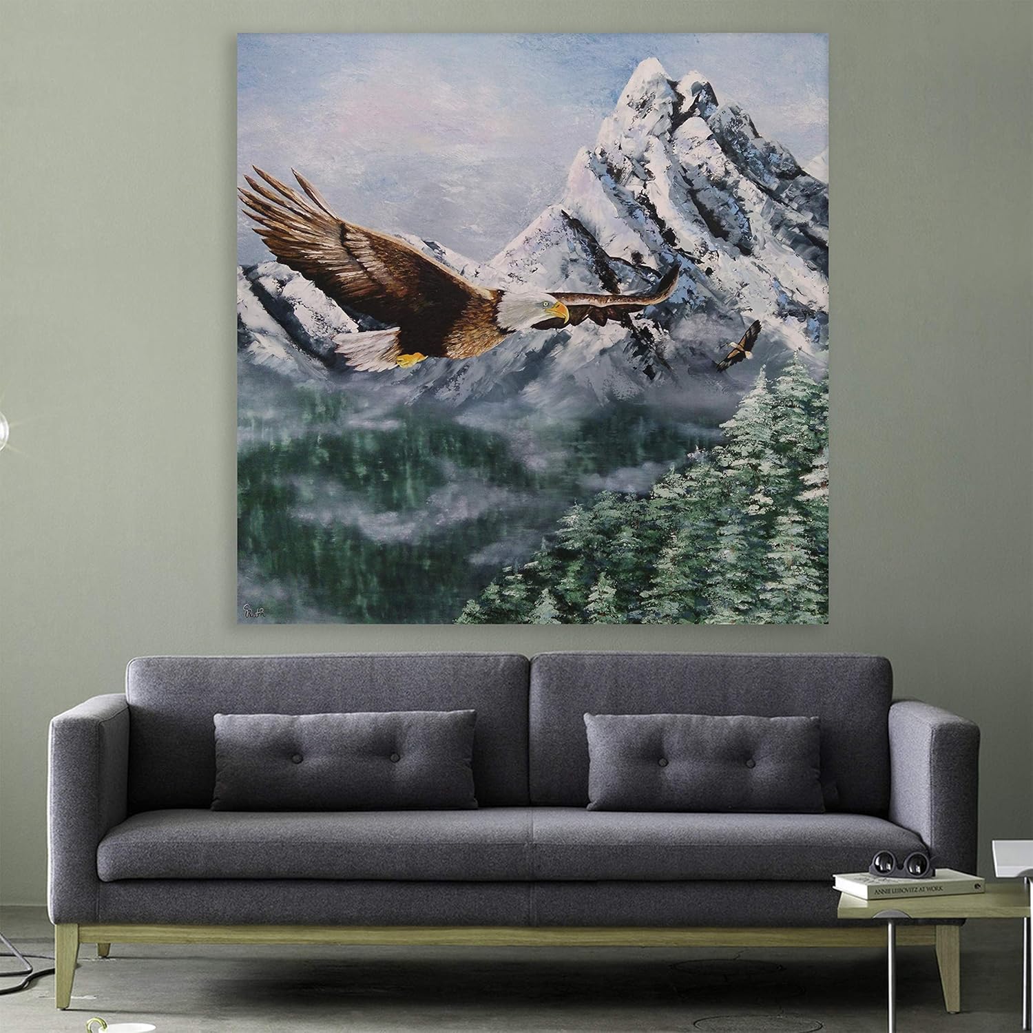 Eagle-talizing Unframed Canvas Wall Art hanging above a modern sofa