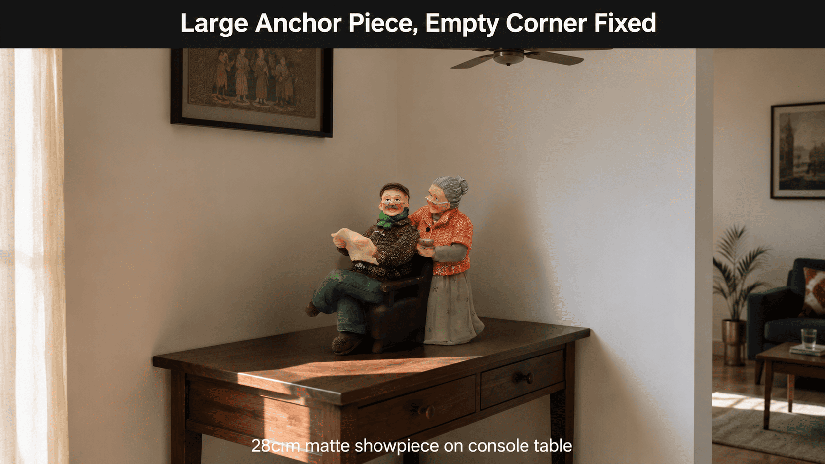 large statement decor piece on a console in a living room corner
