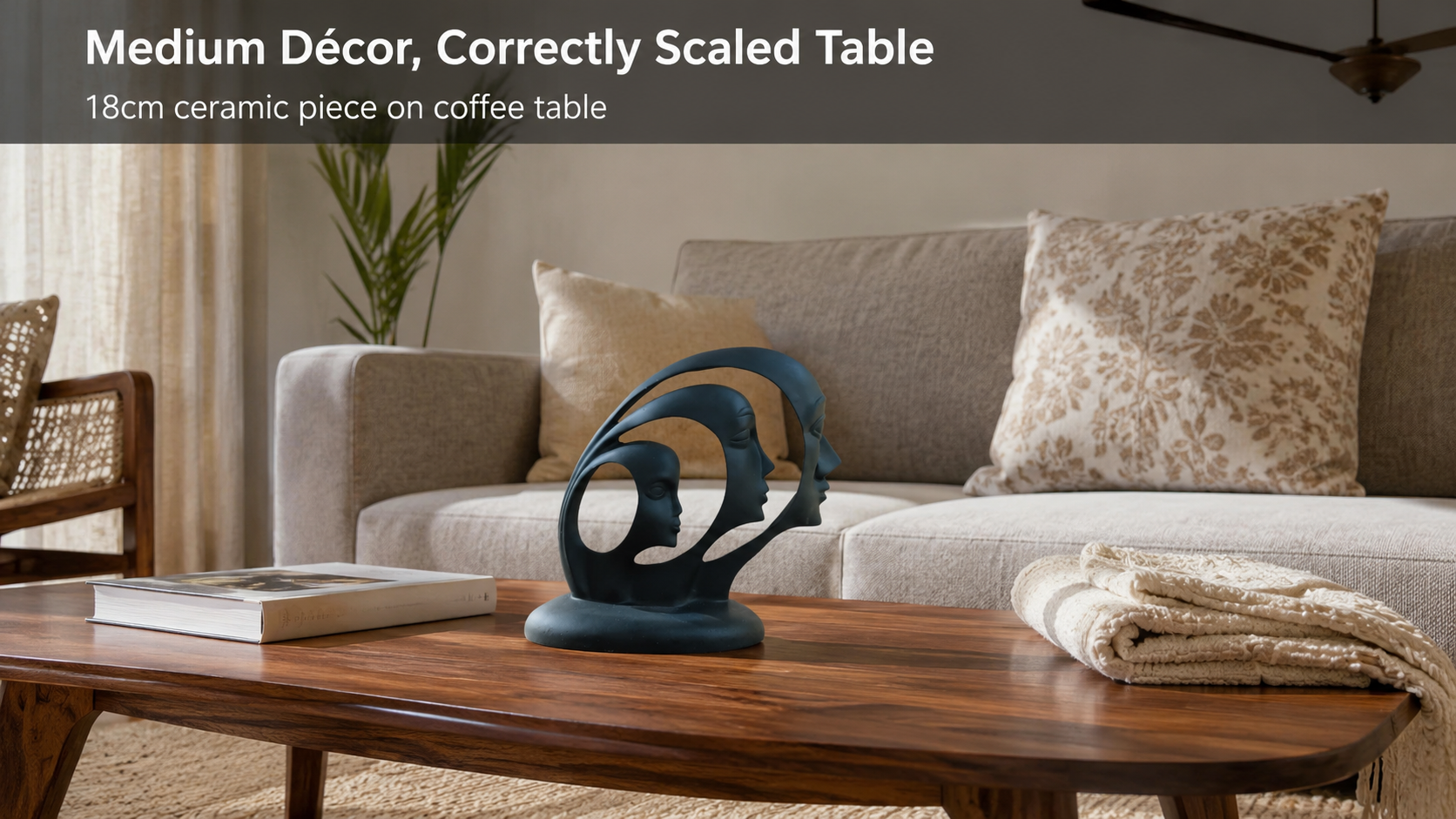 A medium ceramic décor piece styled on a living room coffee table