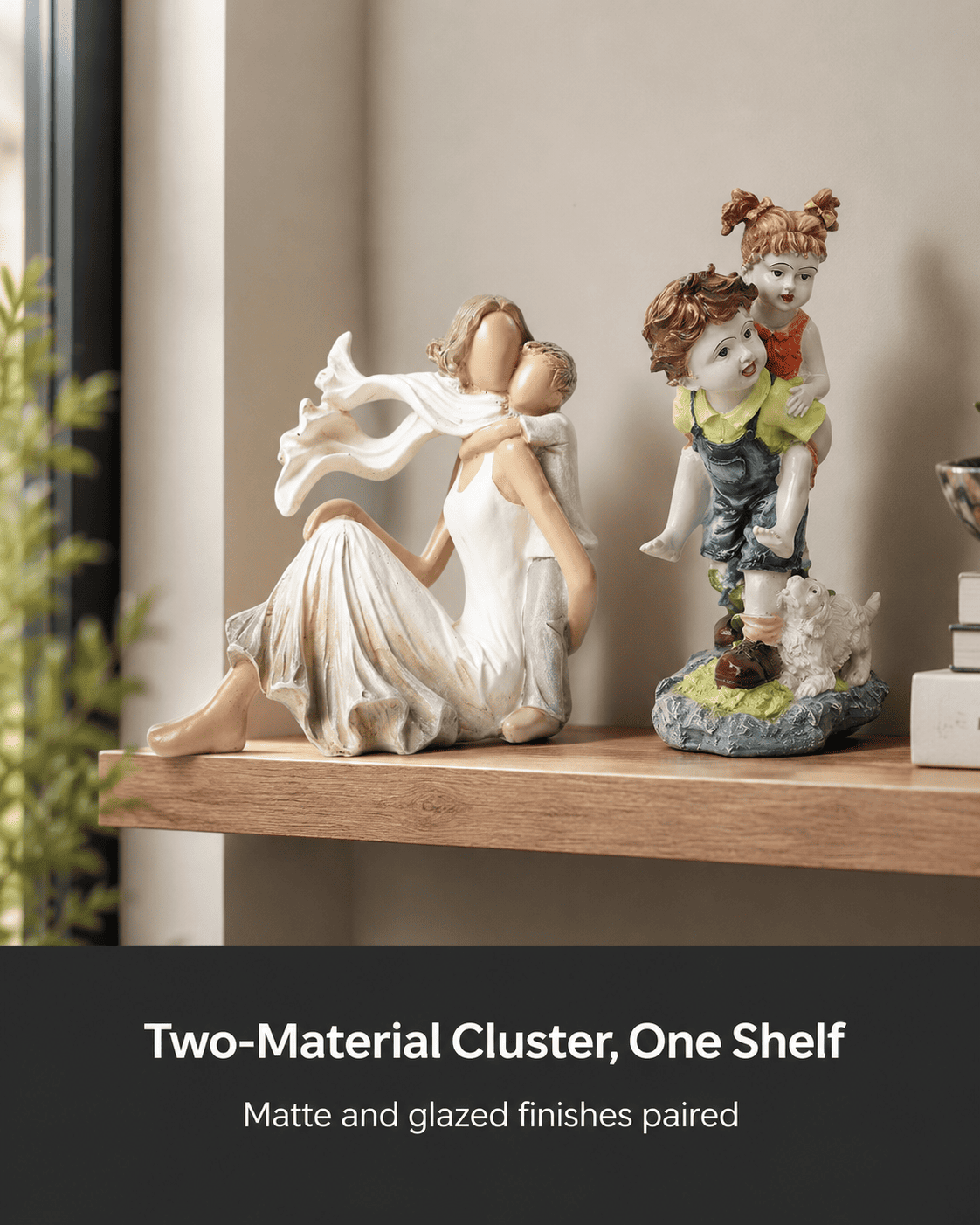 cluster of small decorative pieces on shelf