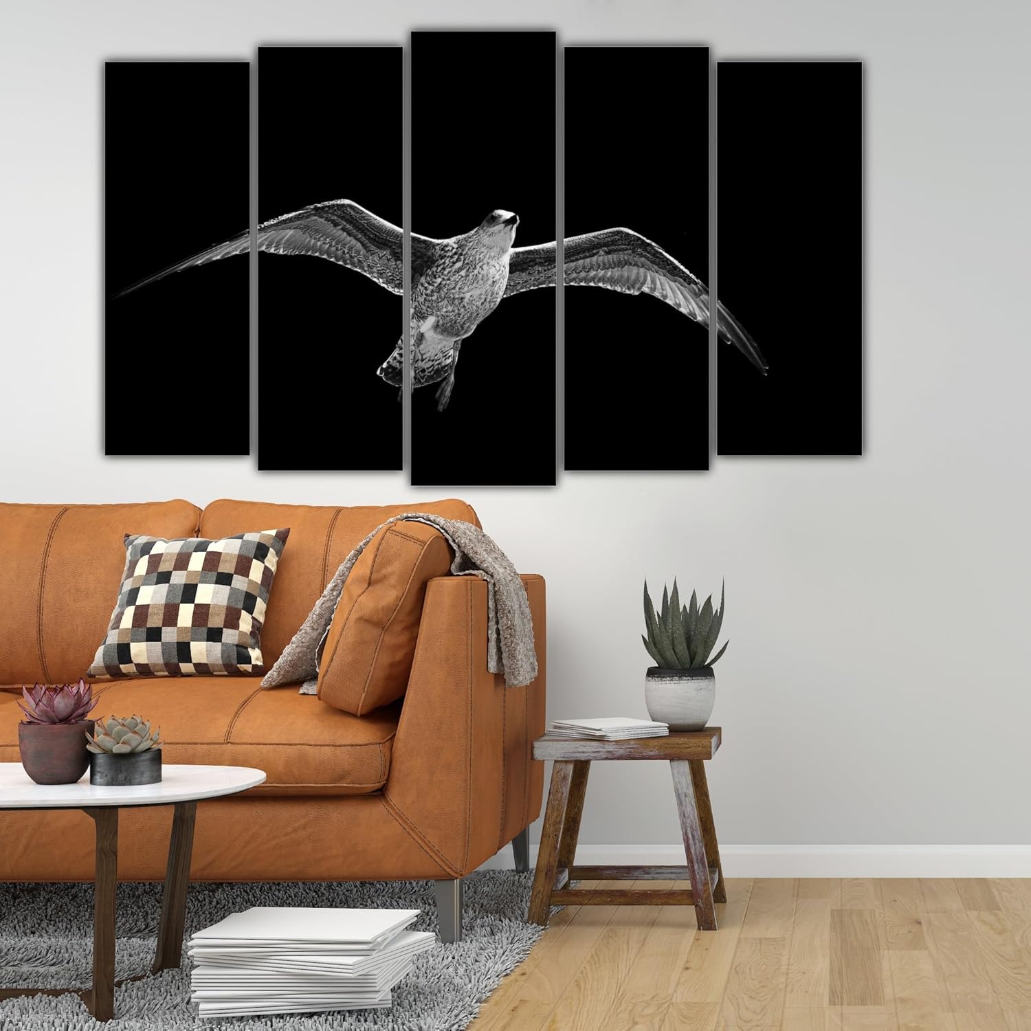 Five-panel bird Wall Art arrangement with vibrant feather patterns