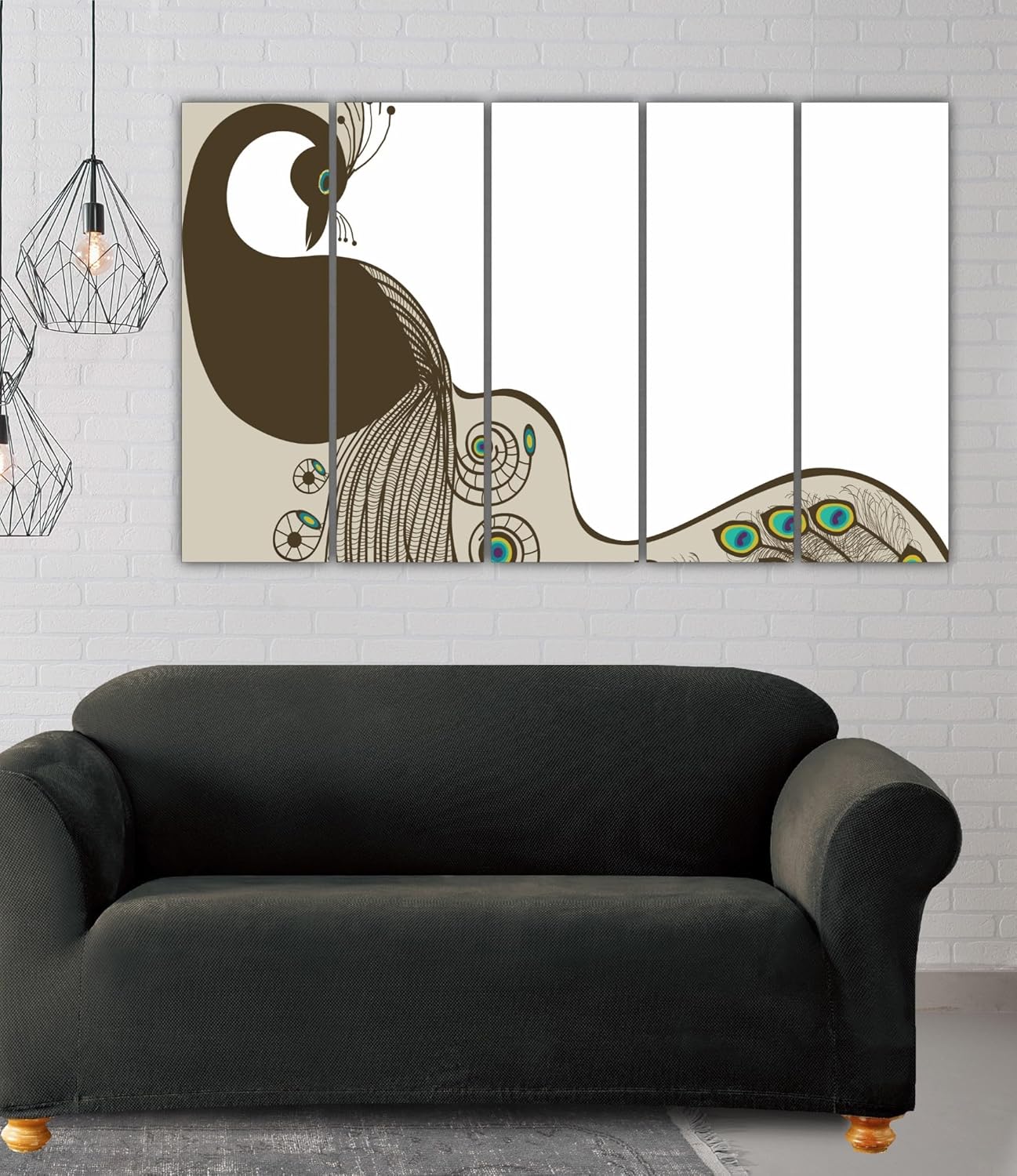 Full view of 5-panel Peacock Plumes Photo Framed Wall Art in a modern living room