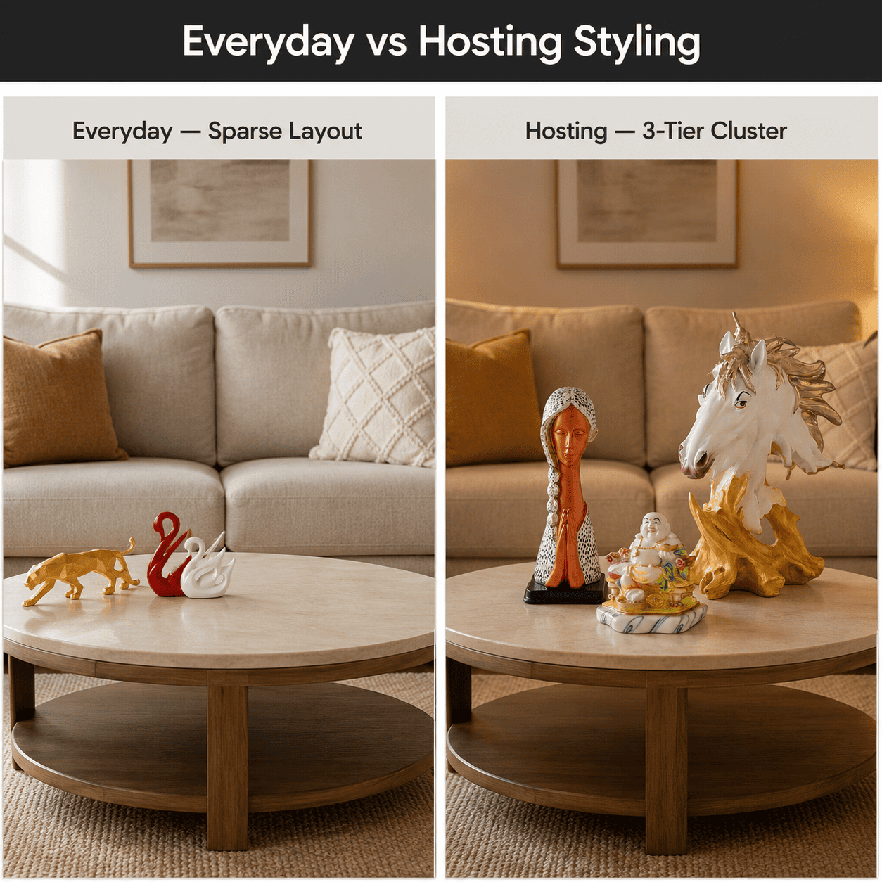 side by side comparison of coffee table styling for daily use versus hosting guests