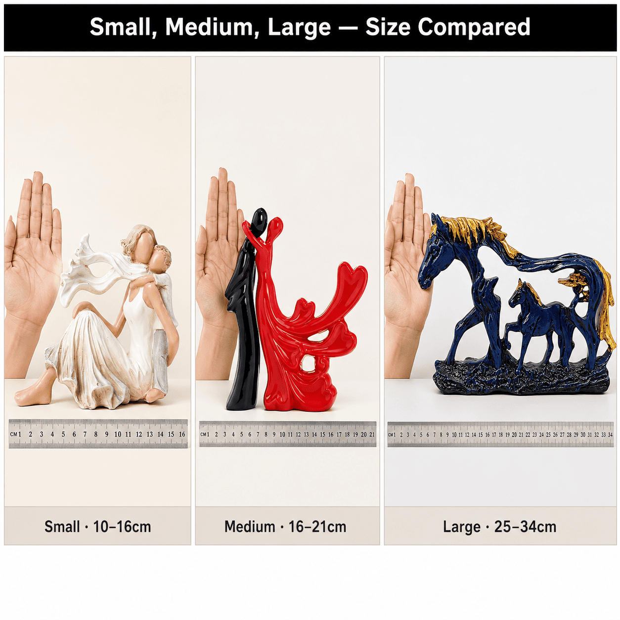 size comparison grid of small medium and large decor pieces