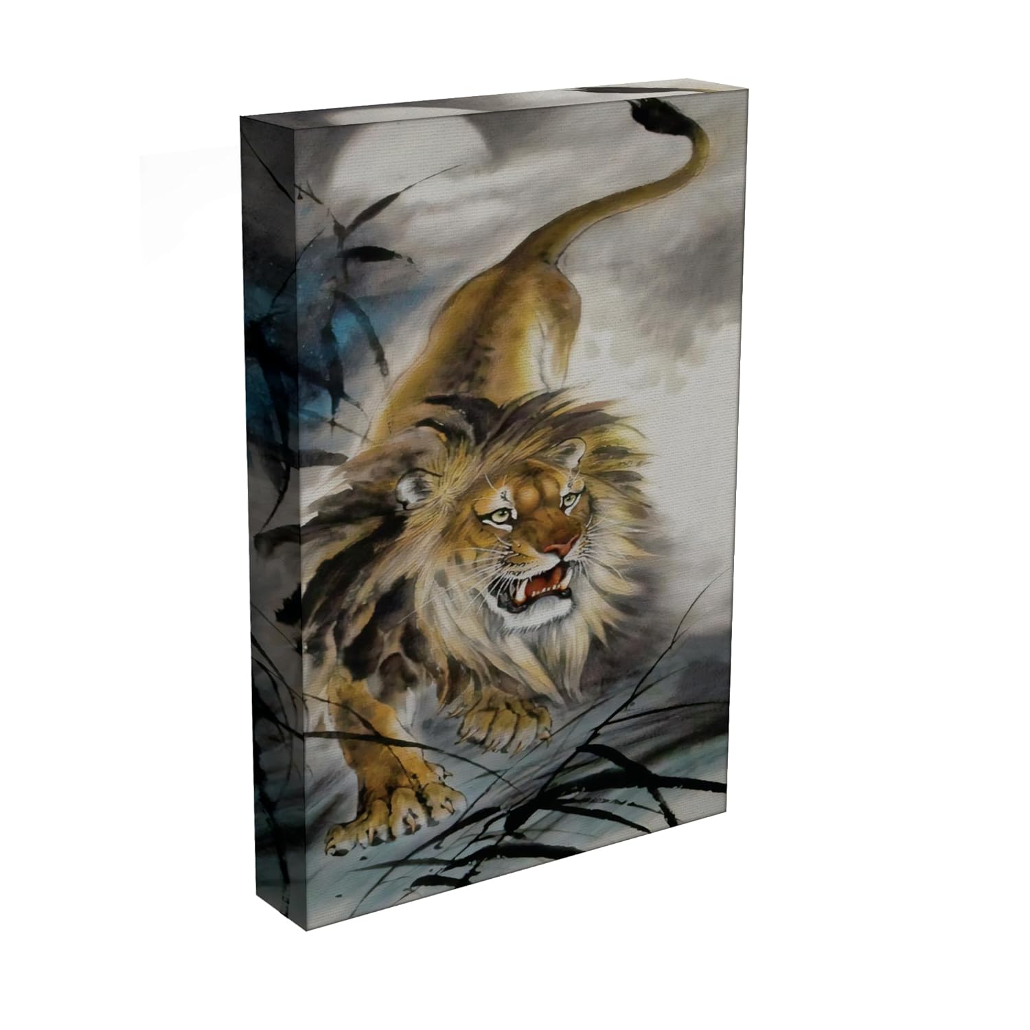 Close-up of the majestic lion on the Roar-some Animals Wall Art in a wooden frame