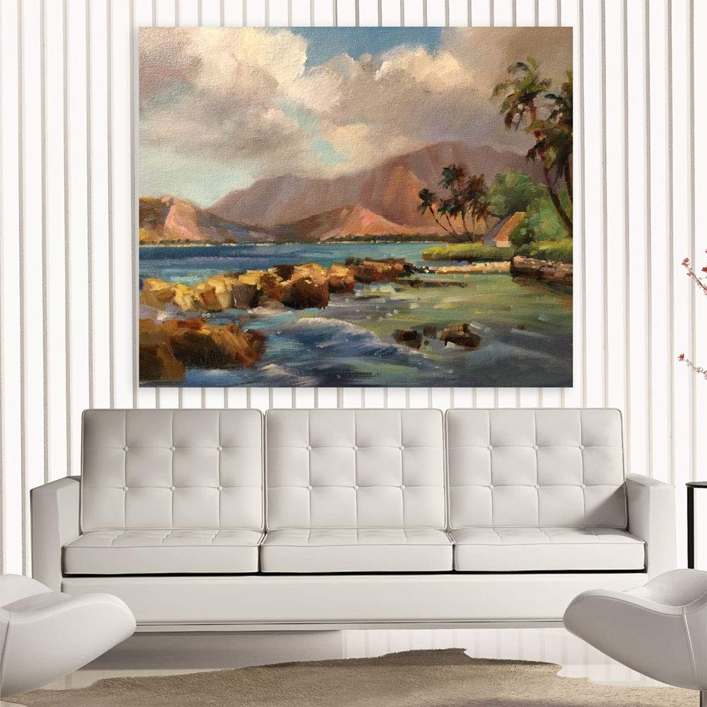 A serene riverside scene in the Go With the Flow: Countryside River Unframed Canvas Wall Art hung in a cozy living room.
