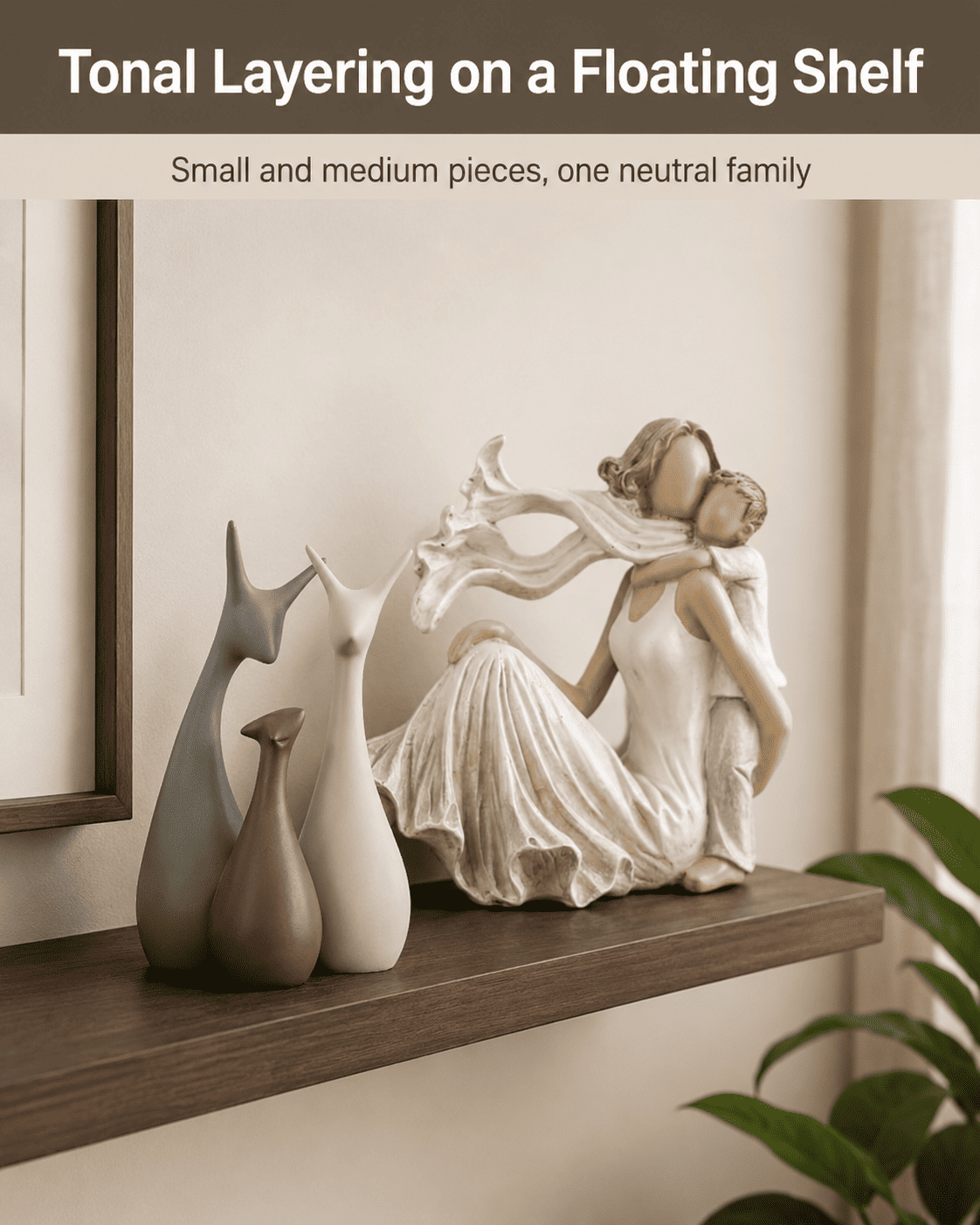 Cluster of small decorative pieces in a muted neutral palette on a floating shelf