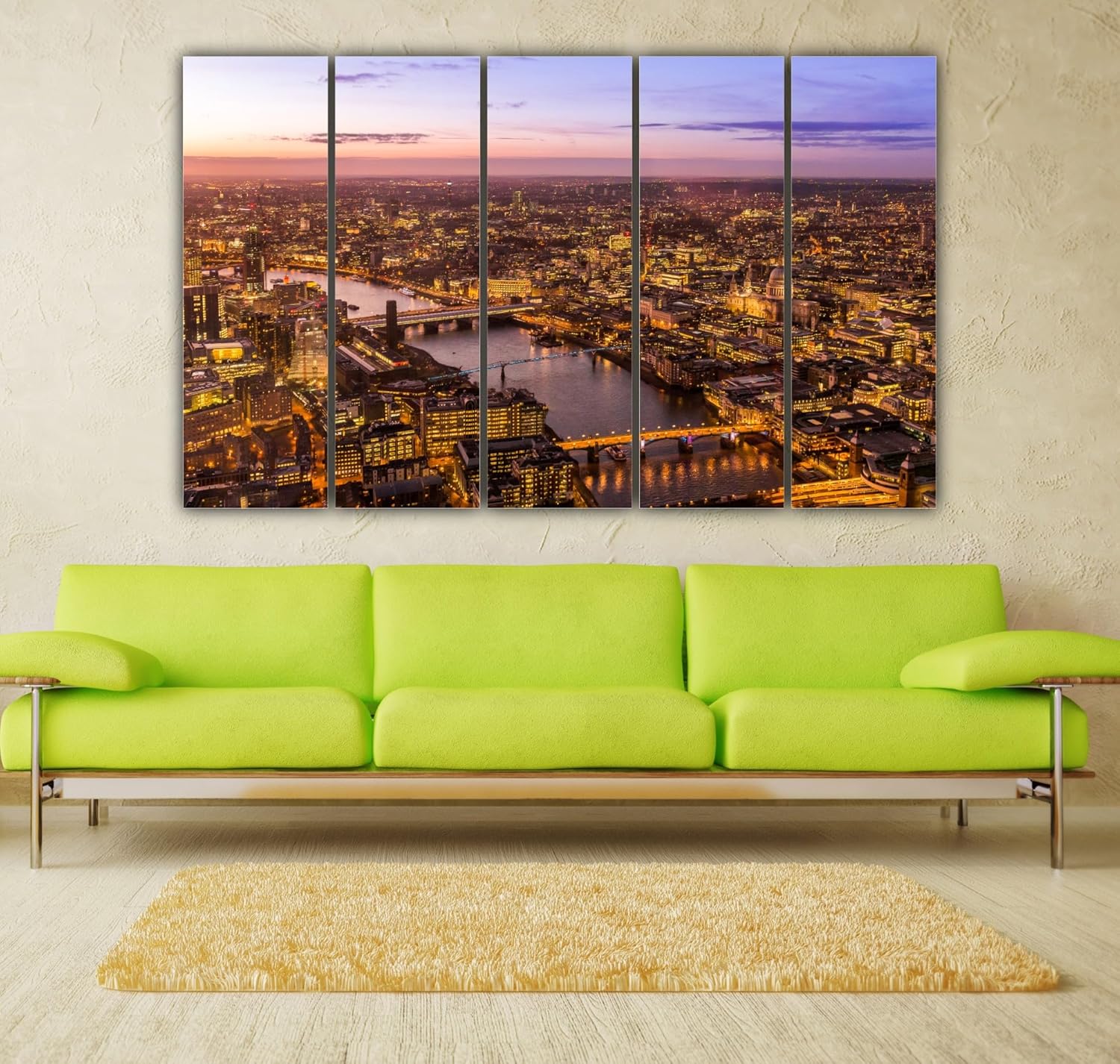 Cityscape Soiree: Framed Photography Wall Art with five connected panels of city lights