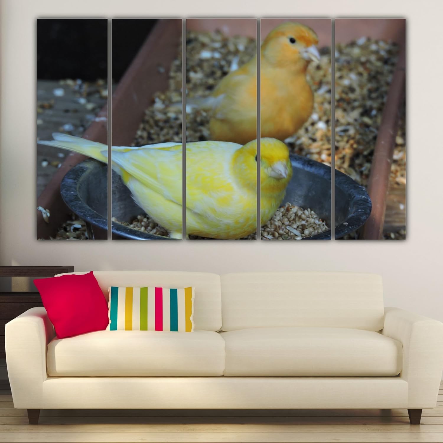Close-up of the vibrant bird images on the Feathered Frenzy multi-panel wall art.