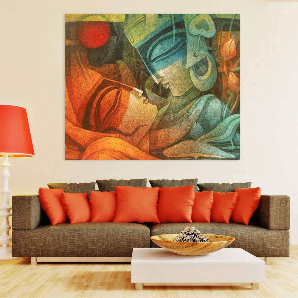 Duo-lishious Krishna-Radha Unframed Abstract Spiritual Wall Art showcasing vivid matte canvas.