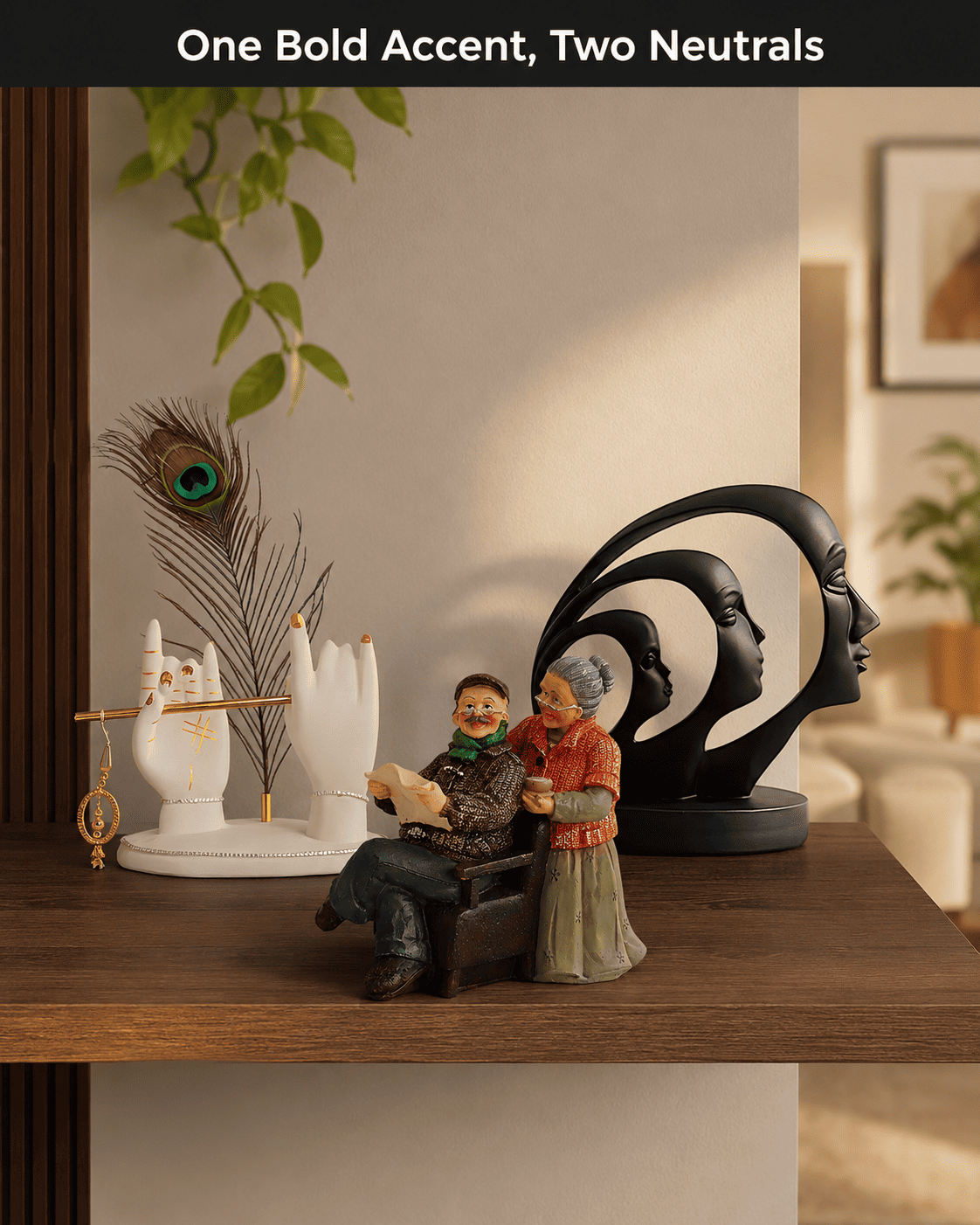 small bold-colored resin figurine on shelf with neutral pieces