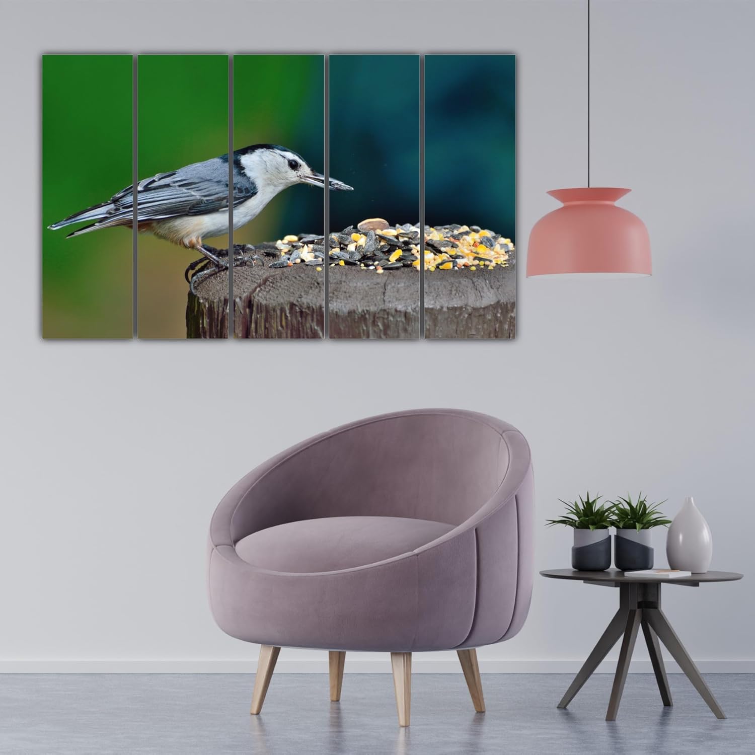 Close-up of the vibrant bird illustrations on the multi-frame feathered fiesta Wall Art