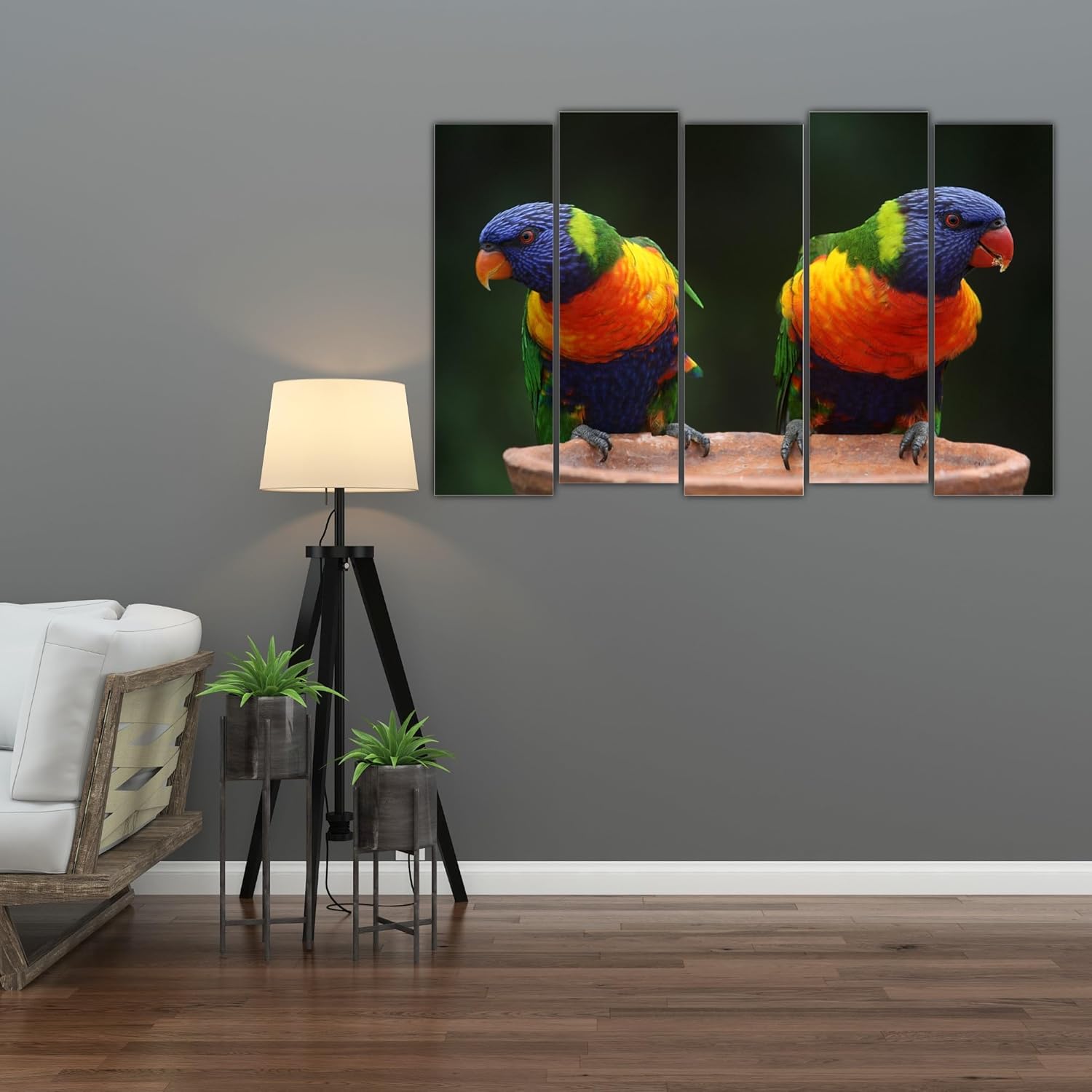 Close-up of vibrant parrot illustration on the Parrot-tastic 5-Panel Framed Parrots Wall Art