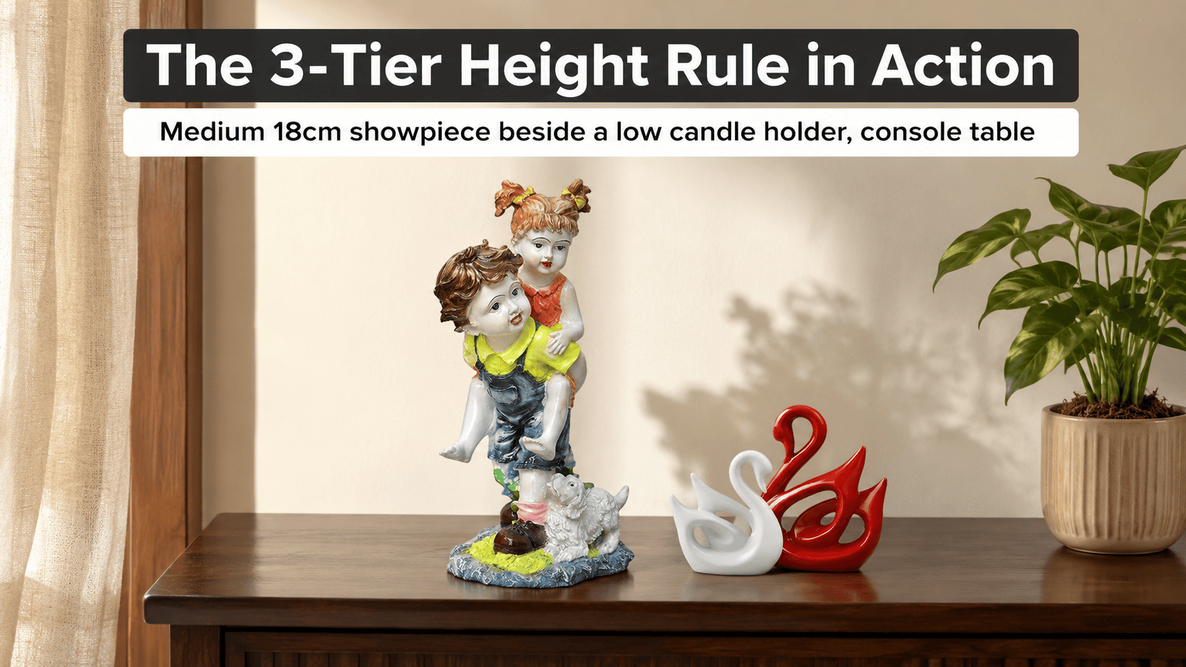 layered home decor showpieces on a console table