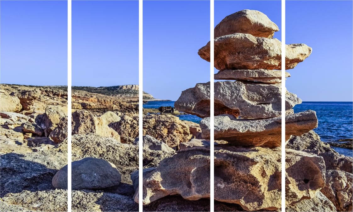 Beach Bliss-tastic Multi-Frame Framed Photography Wall Art hung above a sofa, showcasing vibrant beach scenes in five panels.
