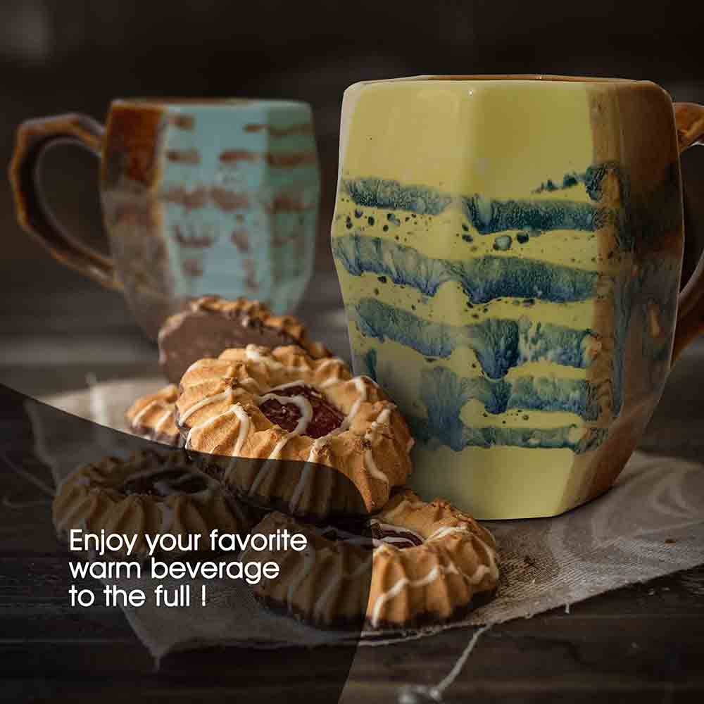 Blue and Beige Ceramic Coffee Mugs Side View Set of 2 for Home Kitchen