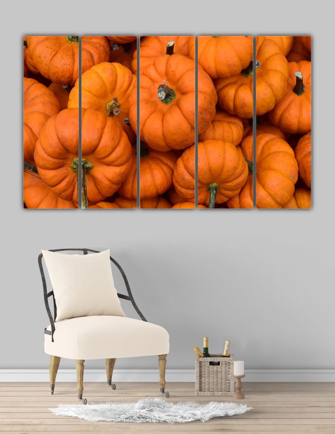 Close-up of vibrant orange pumpkin details on the framed 5-panel wall art that'll carve a smile.