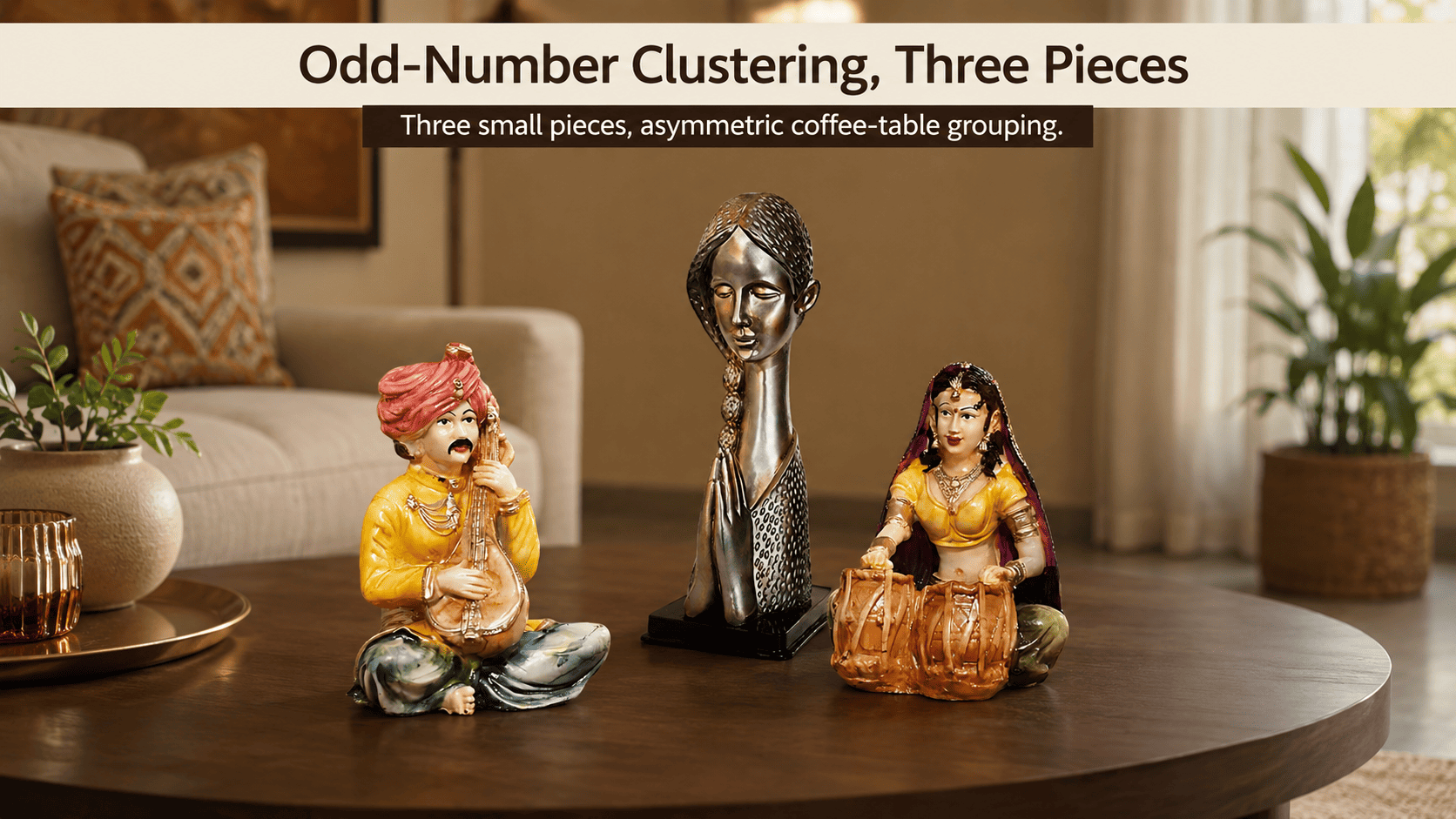 small decorative pieces clustered on coffee table