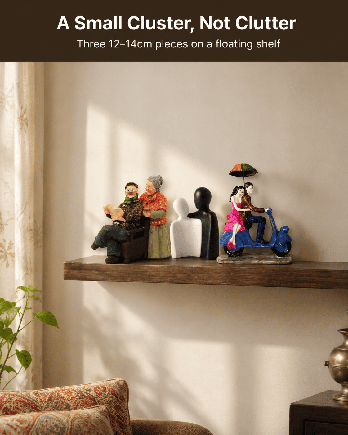 small decorative items clustered on a floating shelf in a compact living room