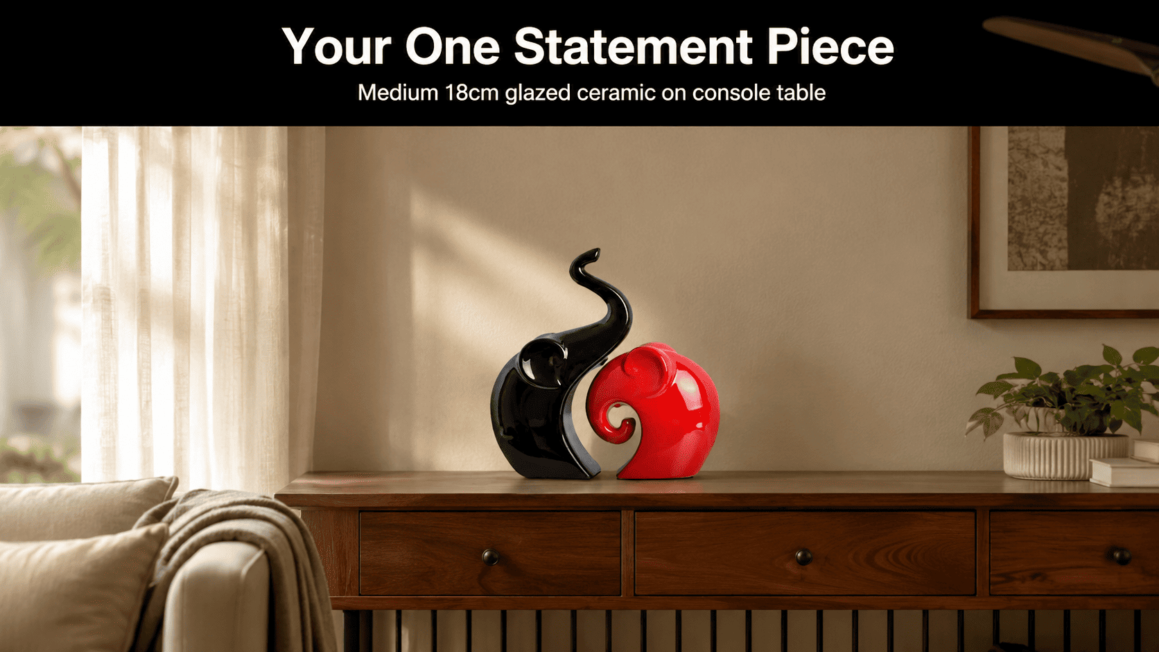 ceramic home decor piece on a console table in a living room
