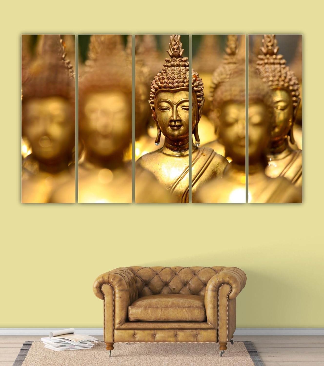 Close-up of the vibrant Buddha panels in the 5-Panel Framed Wall Art capturing fine details