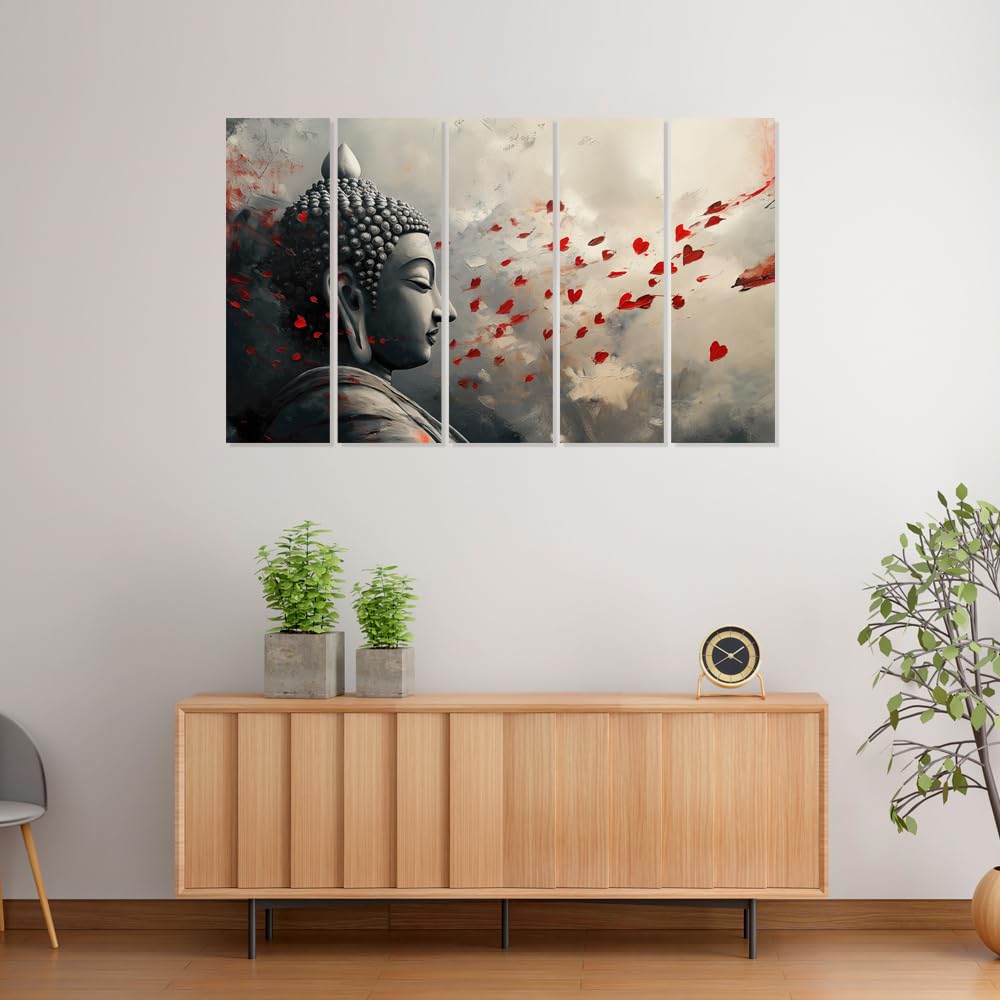 Image of Om My Buddha: 5-Panel Framed Wall Art that Radiates Calm hung above sofa for peaceful home decor.