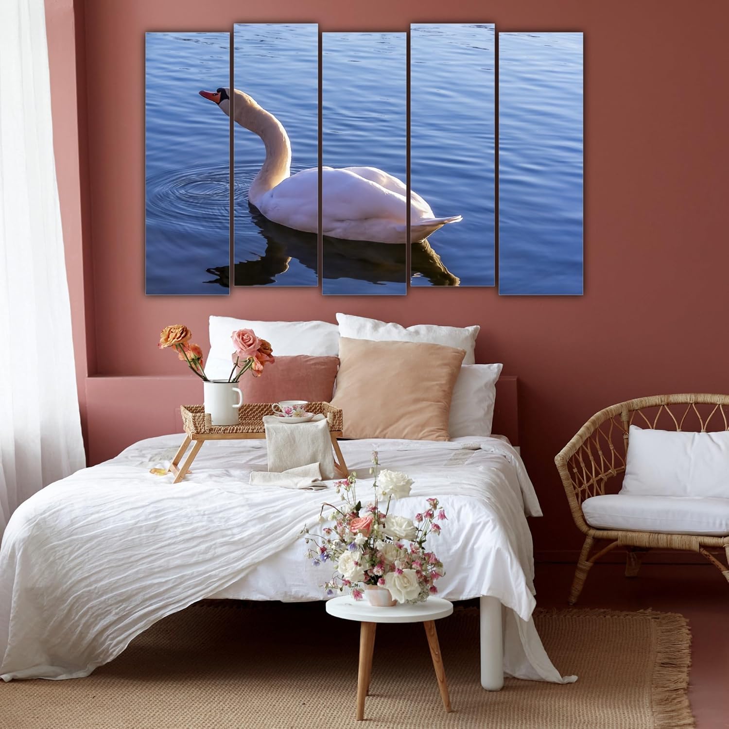 Close-up of framed swan photography Wall Art highlighting splash-proof shine.