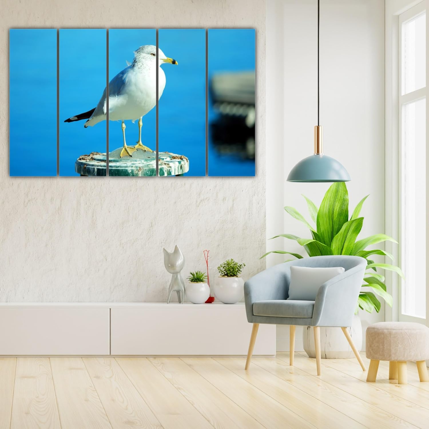 Close-up of the Bird-tiful 5-Panel Feathered Fiesta Wall Art revealing detailed feather textures on wooden MDF panels.