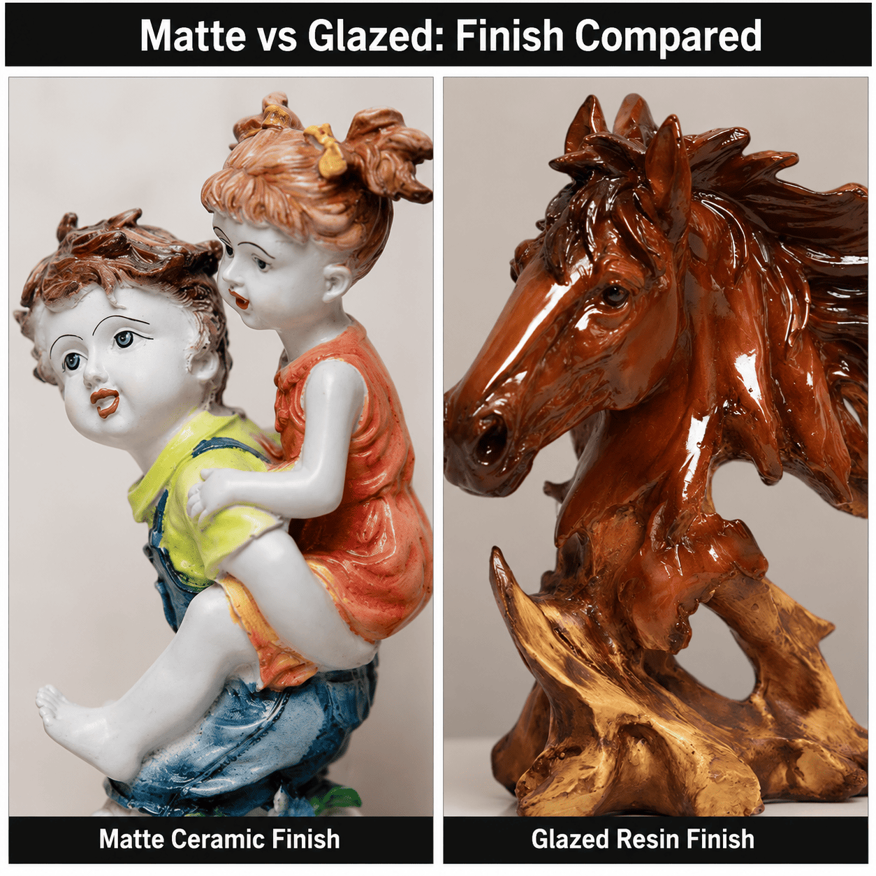 close up comparison of matte and glazed decor surface finishes
