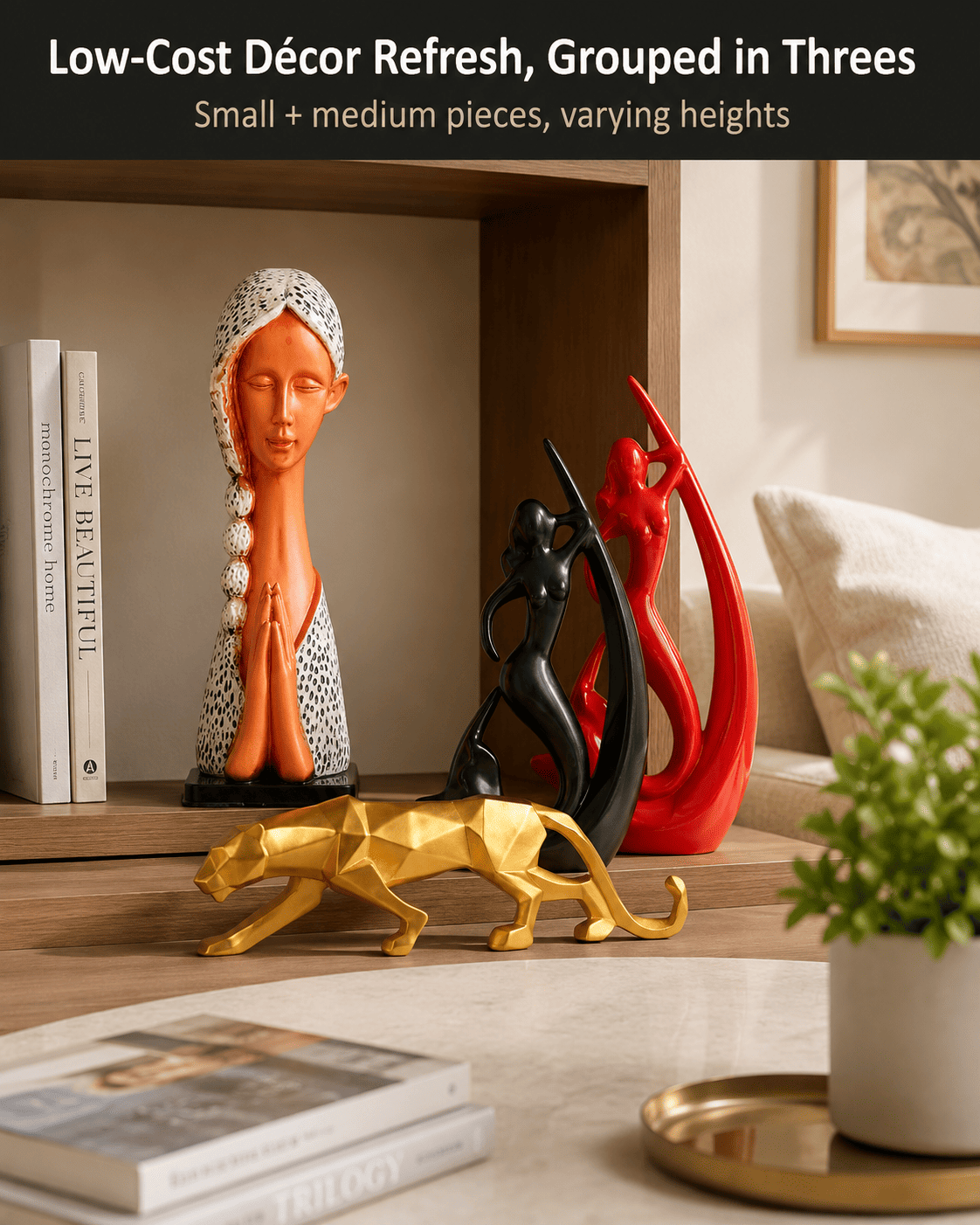 cluster of small decorative pieces on a bookshelf and coffee table
