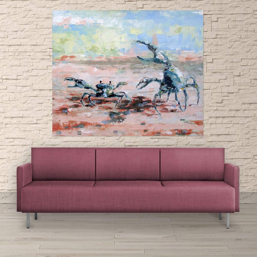 Snap into Style with This Unframed Crab Canvas Wall Art displayed above a modern sofa