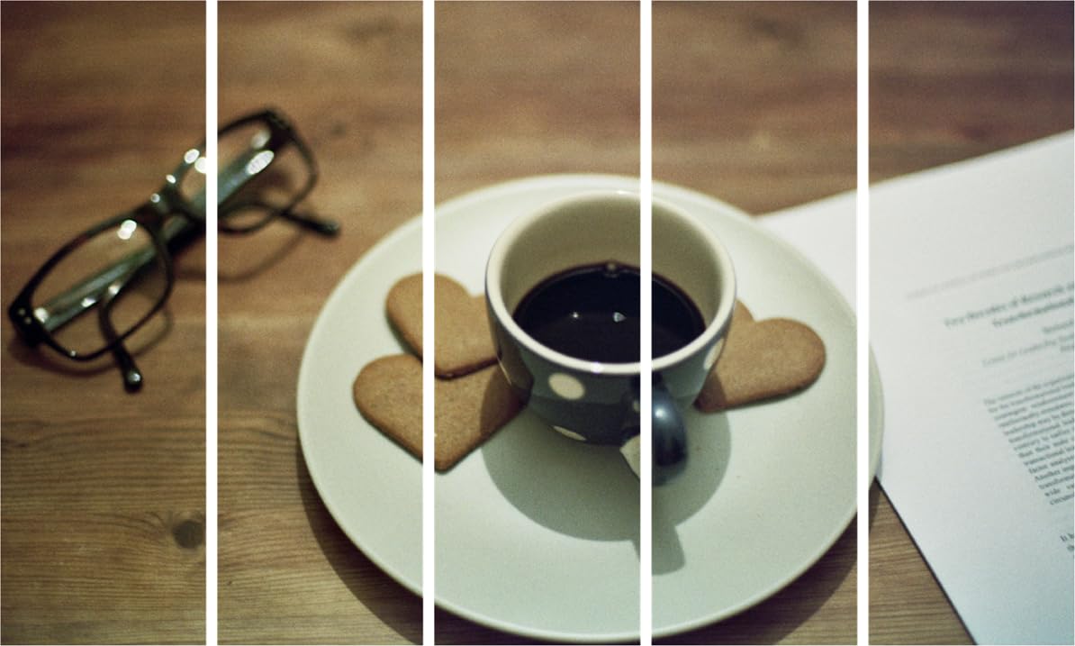 Brew-tiful multi-frame tea cup photography Wall Art displayed over a cozy sofa.