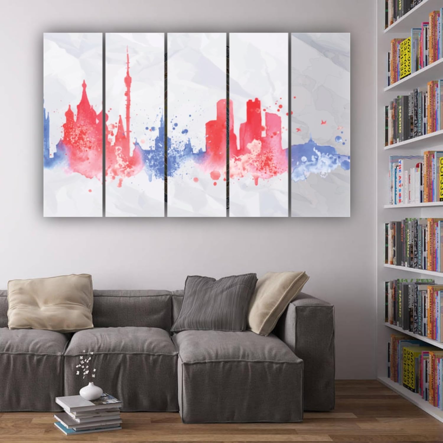 Close-up of the 6mm MDF frame on 'Splash of City: 5-Panel Skyline Watercolor Wall Art That Wows' displaying vibrant watercolor details.