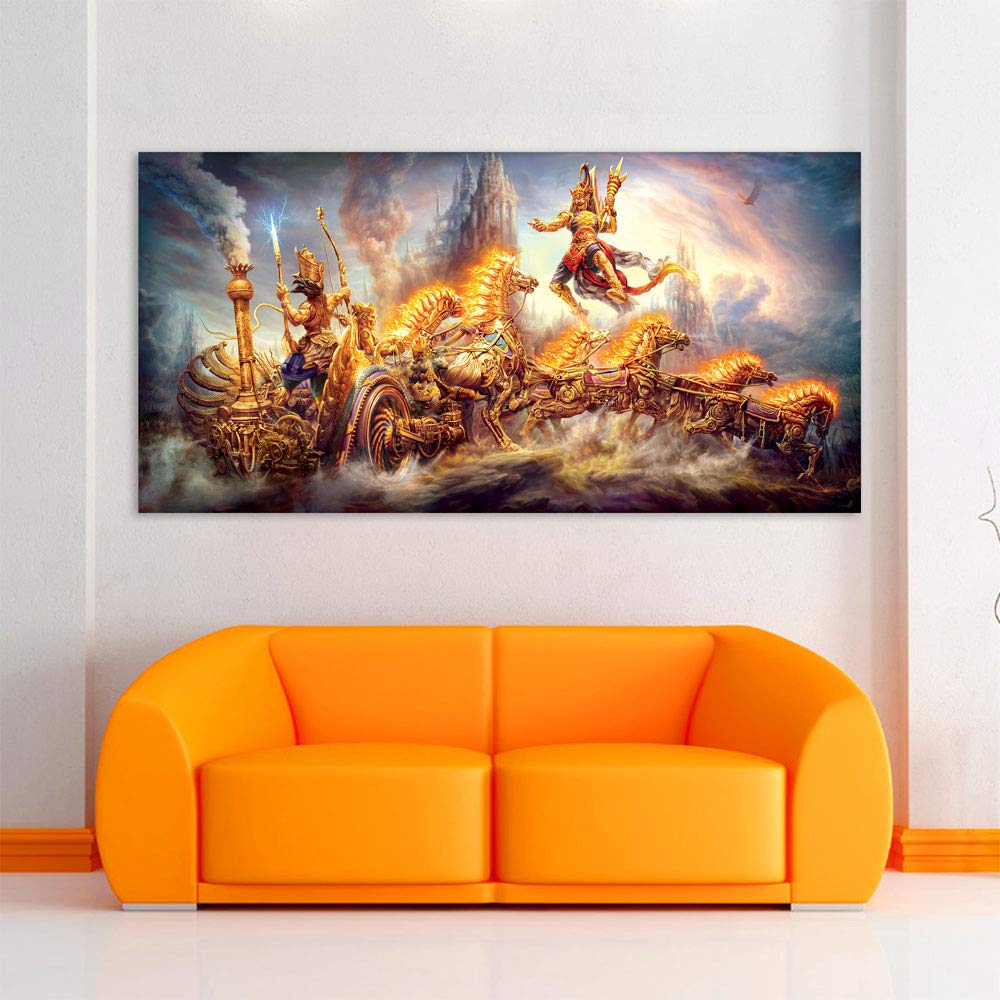 Good vs Evil Canvas Clash: Framed Hindu Wall Art Showdown (85×40.5cm)