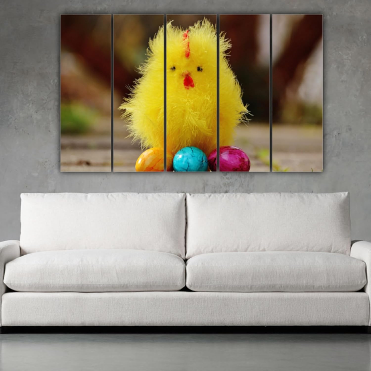 Close-up of one frame from the Chick-tastic Multi-Frame Chicken Photography Wall Art with detailed yellow chick feathers