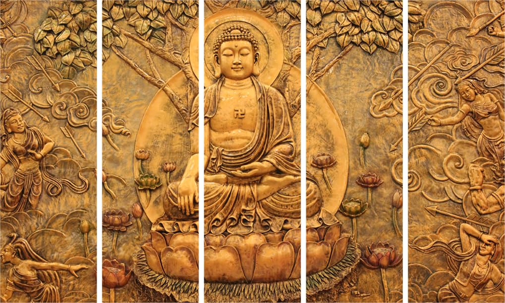 Zen-sational Buddha 5-Panel Framed Wall Art displayed above a cozy living room sofa