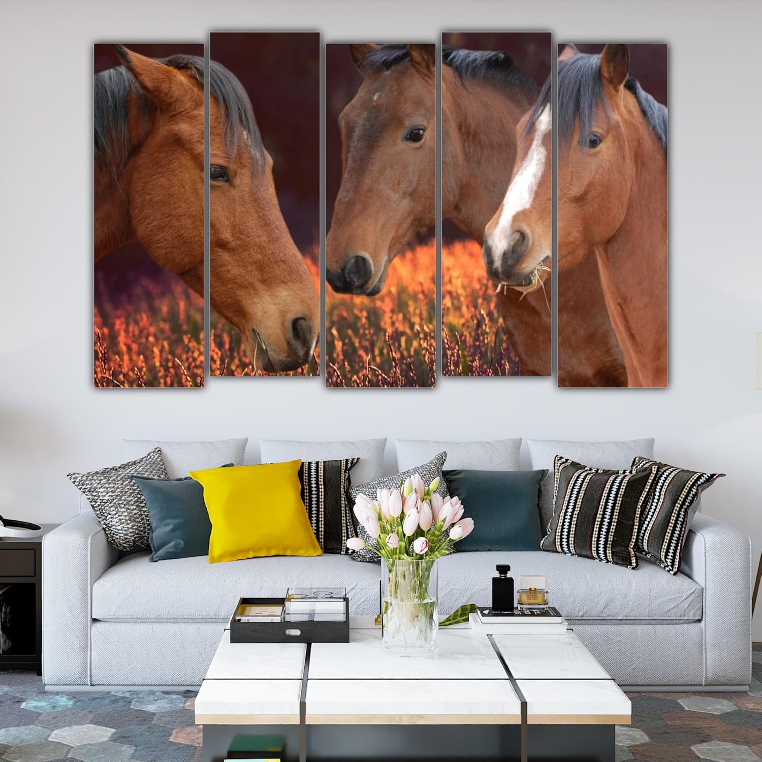 Gallop-tastic 5-Panel Horse Vastu Framed Wall Art close-up showing sharp digital prints on sturdy MDF frames