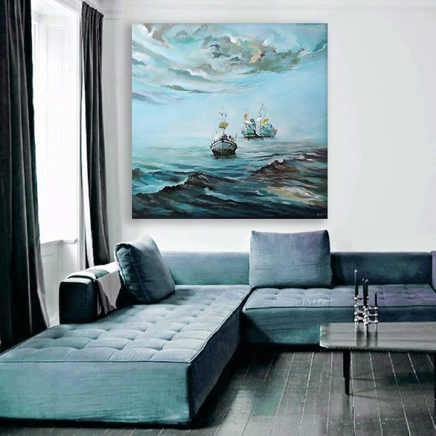 Sea-spray Express: Unframed Wall Art That Ships Like a Breeze depicting a tranquil sea under approaching storm clouds