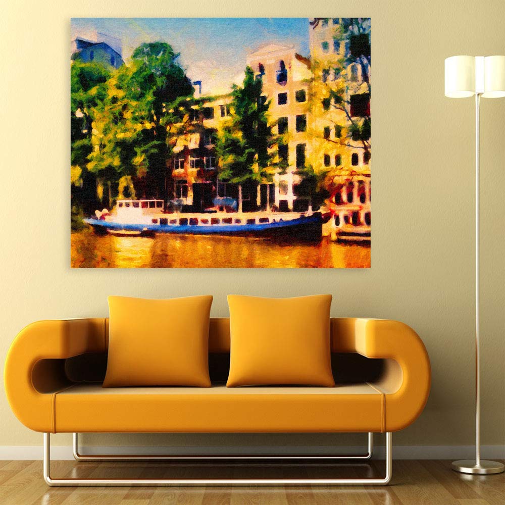 Sail into Style with This Unframed Blue Boat Cityscape Wall Art showing a lone azure boat against a minimalist city skyline