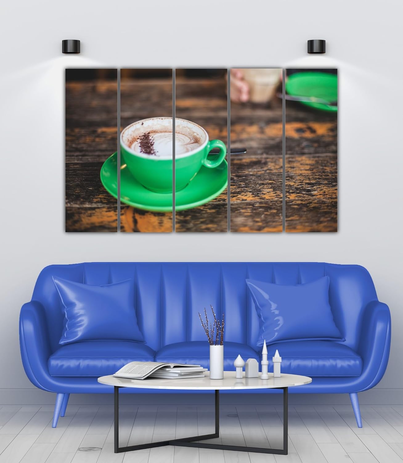 Lifestyle shot of sleek 5-panel Java Jolt coffee cup photography Wall Art above a cozy sofa
