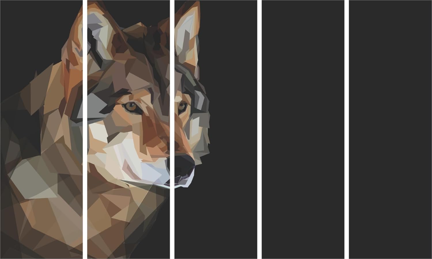 Wolf-tacular 5-Panel Framed Wolf Wall Art displayed on a white living room wall showcasing majestic grey wolf imagery